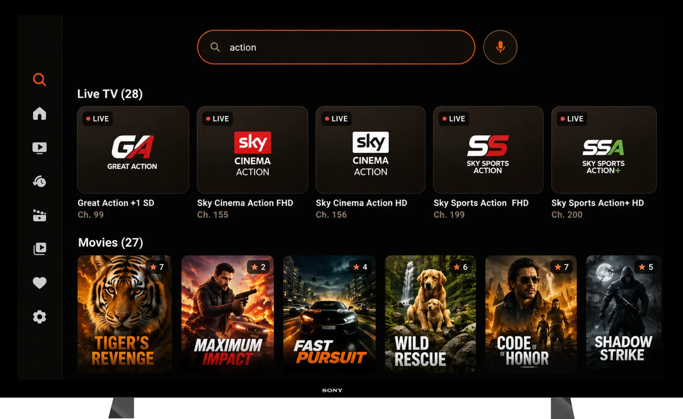 TV — search results split into Live TV and Movies matches